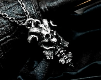 Collar con colgante de plata 925 con columna vertebral de calavera de demonio - collar de plata con esqueleto de no-muerto de calavera del infierno - colgante de plata hecho a mano con diablo vampiro gótico