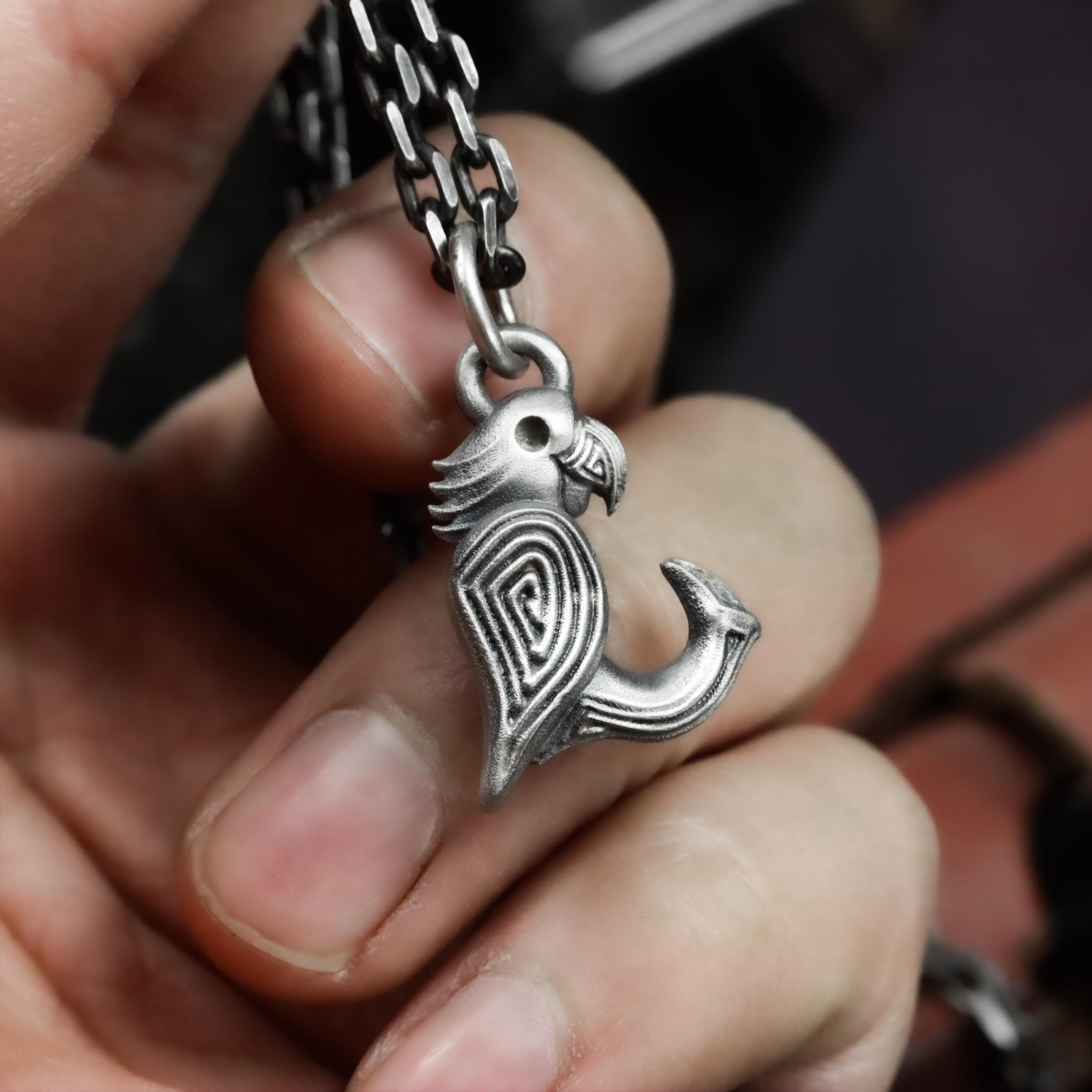 Collier Argent Avec Pendentif Perroquet Sculpté Main - Agate & Jaspe - Longueur 25 Pouces