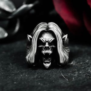 Dracula Vampire 925 Silver Ring - Demonic Count with Fanged Grin Gothic Horror Detail Ring - Dark Lord Ring of Bloodlust and Eternal Night