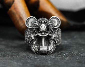 Drachenmond S925 Silberring: Mythische Zwillings-Drachenschuppe, Gothic Fantasy