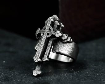 Emerald Silver Gothic Medieval Cross Ring, 925 Sterling Silver