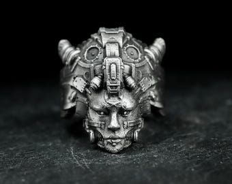 Mechanical Goddess 925 Silver Ring - Cybernetic Android Handmade Jewelry - Futuristic Cyborg Statement Ring