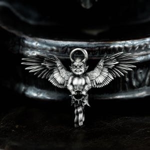 Demonic Cherub 925 Silver Pendant Necklace - Mischievous Angel Devil Hybrid Charm Pendant - Dark Gothic Fantasy Amulet Handmade Gift