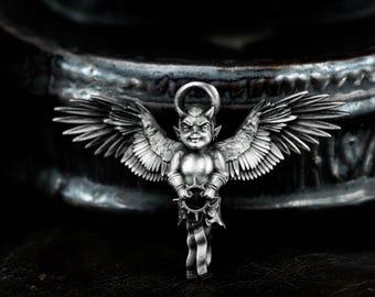 925 zilveren hanger demonische cherubijn: gotische duivelsengel-amulet