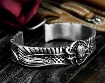 Scarab Beetle Cuff Bracelet: Ancient Egypt Silver Bangle