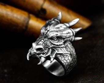 War Dragon 925 Silver Ring - Scaled Head Jewelry - Dragon King Band Ring - Handmade