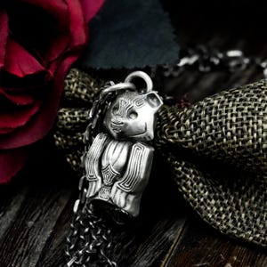 Stone carved bear totem 925 silver pendant necklace - abstract bear gothic silver pendant - viking style totem celtic animal jewelry
