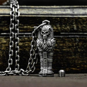 Egyptian Pharaoh Mummy Coffin 925 Silver Pendant - Sacred Cremation Urn Necklace - Memorial Ashes Box Pendant for Burial
