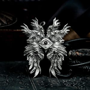 Six-winged angel 925 silver pendant necklace - angel&#39;s guardian Gabriel silver necklace - Gothic feather angel eye handmade silver pendant