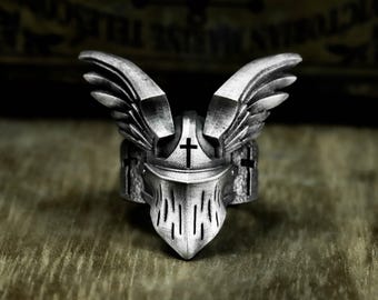 Crusader Helmet Ring: 925 Sterling Silver Medieval Armor