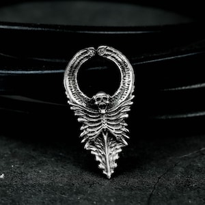 Op de afbeelding: Zilverkleurige hanger met een schedel, vleugels en ribbenkastontwerp. De hanger heeft een cirkelvormige bovenkant en een puntige onderkant. De donkere achtergrond benadrukt de ingewikkelde details van deze gothic-stijl sieraden.