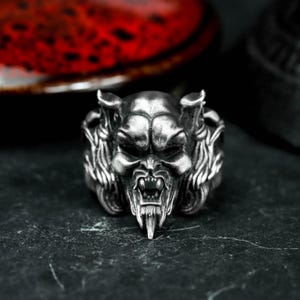 Vampire Howler 925 Silver Ring - Screaming Bloodsucker Ogre Head Men’s Ring - Horror Gothic Monster Ring Gift for Dark Souls