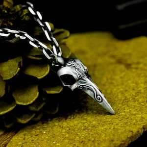 Raven skull 925 silver pendant necklace - abstract skull symbol Gothic animal silver ring - Viking style totem Celtic design wizard jewelry