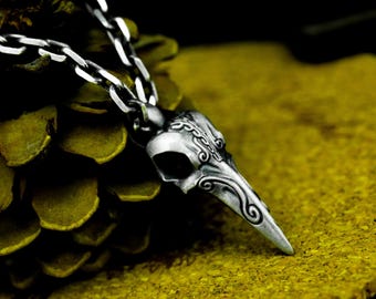 Raven Skull 925 Sterling Silver Pendant Necklace: Gothic Viking Jewelry