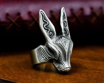 Long Ear Rabbit Ring - Abstract Totem Silver Band Art