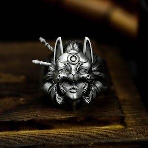 Inari Fox Mask Girl 925 Silver Ring - Japanese Kitsune Spirit Totem Kimono Girl Fusion Design - Mystic Shinto Charm Handmade Statement Ring