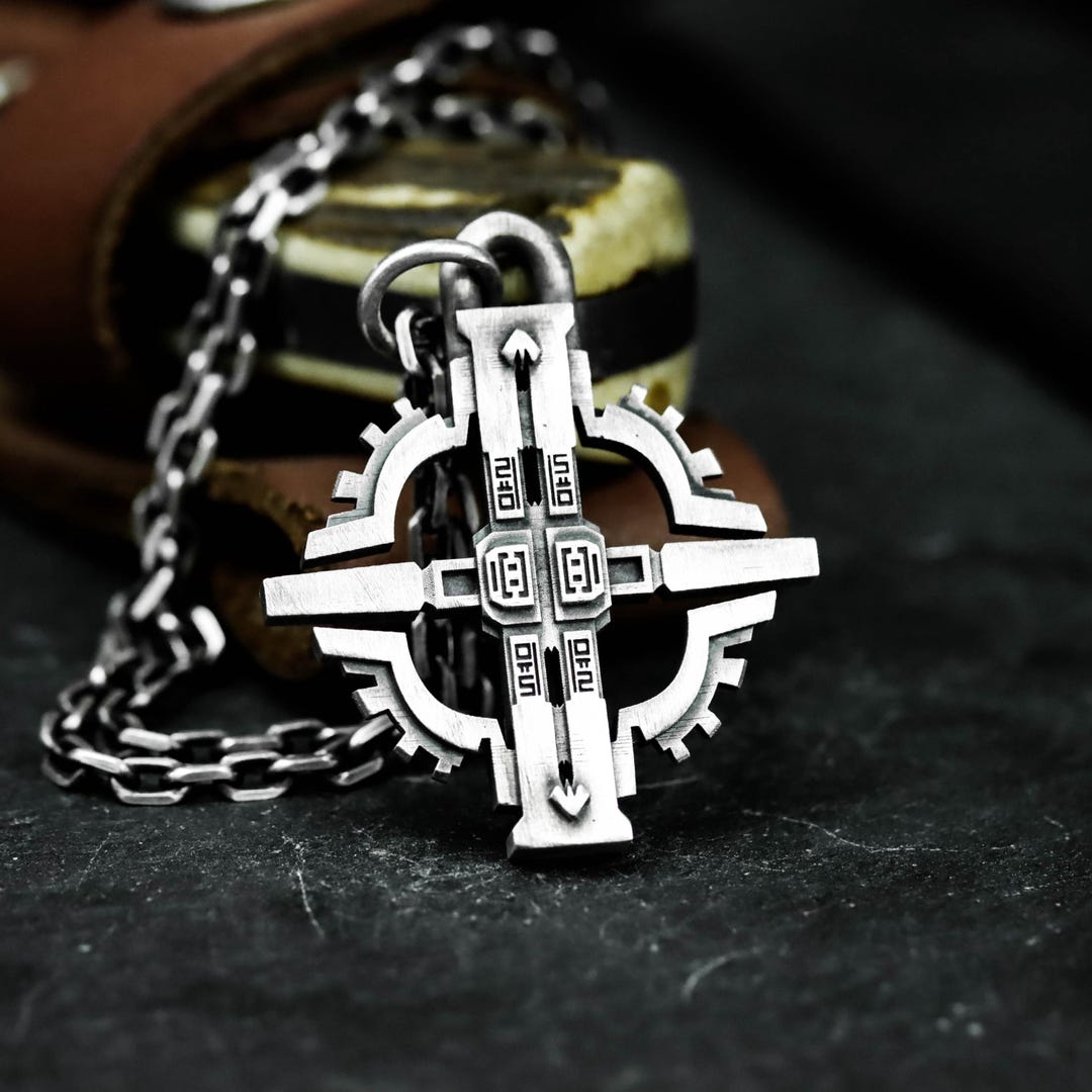 Cyber Mechanical Runes 925 Silver Pendant - Sci Fi Symbol Handmade ...