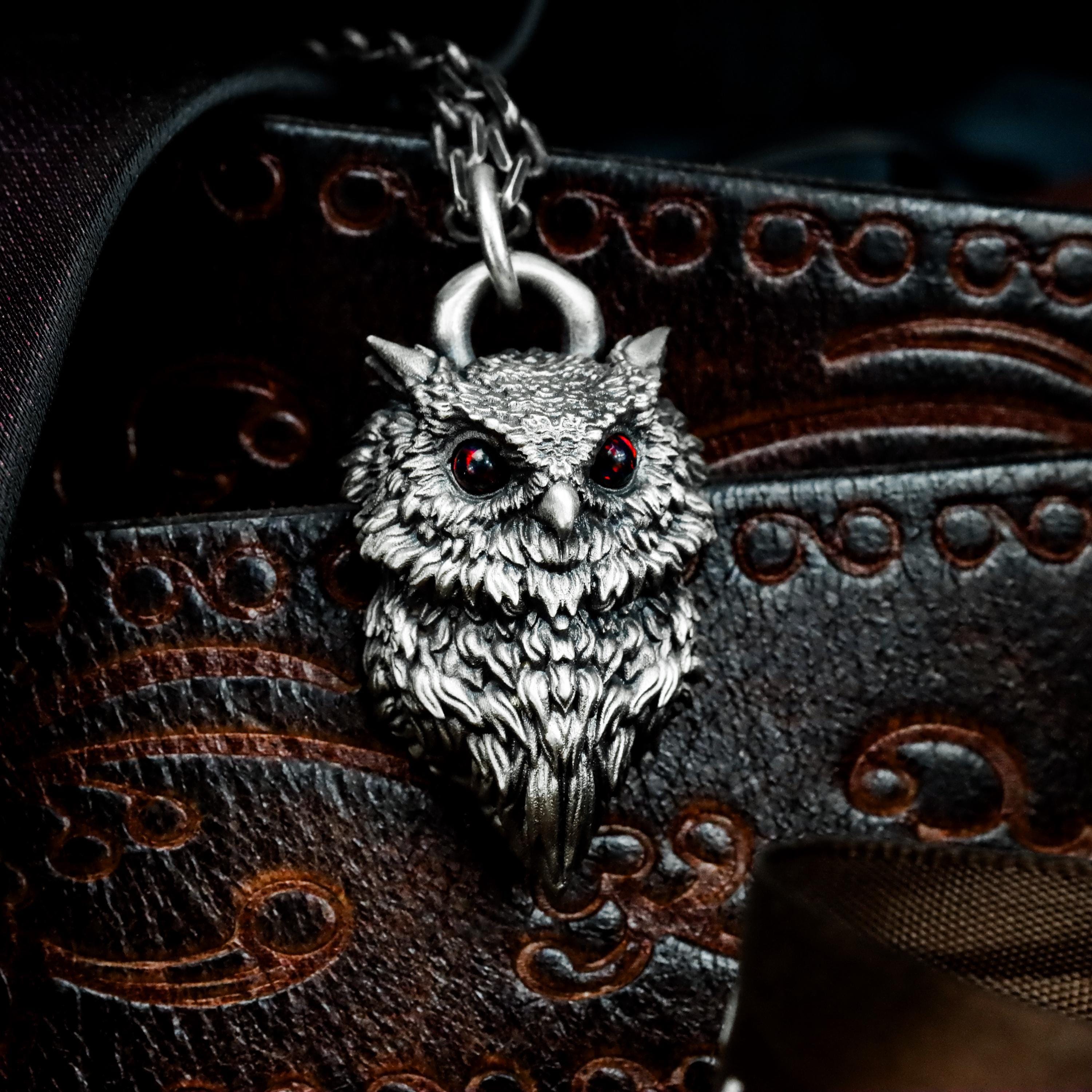 Gemstone owl 925 silver pendant necklace - realistic animal gothic silver pendant - Viking style tot
