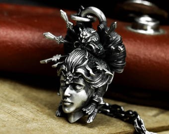 Japanese Geisha Woman 925 Silver Pendant - Traditional Asian Face Handmade Jewelry - Oriental Beauty Portrait Pendant - Handmade