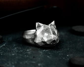 Anillo geométrico de Garfield en plata de ley: joyería gótica vikinga con forma de gato