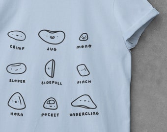 Może przedstawiać: Jasnoniebieska koszulka z grafiką różnych chwytów wspinaczkowych z ich nazwami: crimp, jug, mono, sloper, sidepull, pinch, horn, pocket i undercling.