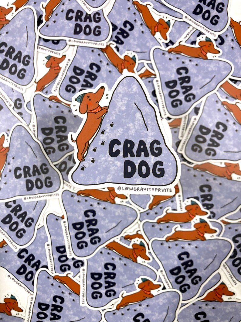 crag dog climbing sticker, outdoor climbers, bouldering, chalk bag, puppy climber, crag cat, gift for dog lovers, beanie, mountain climb, rock climbing, wiener dog sticker, water bottle sticker, paw prints, cragdog, crash pad, doggie, cute stickers