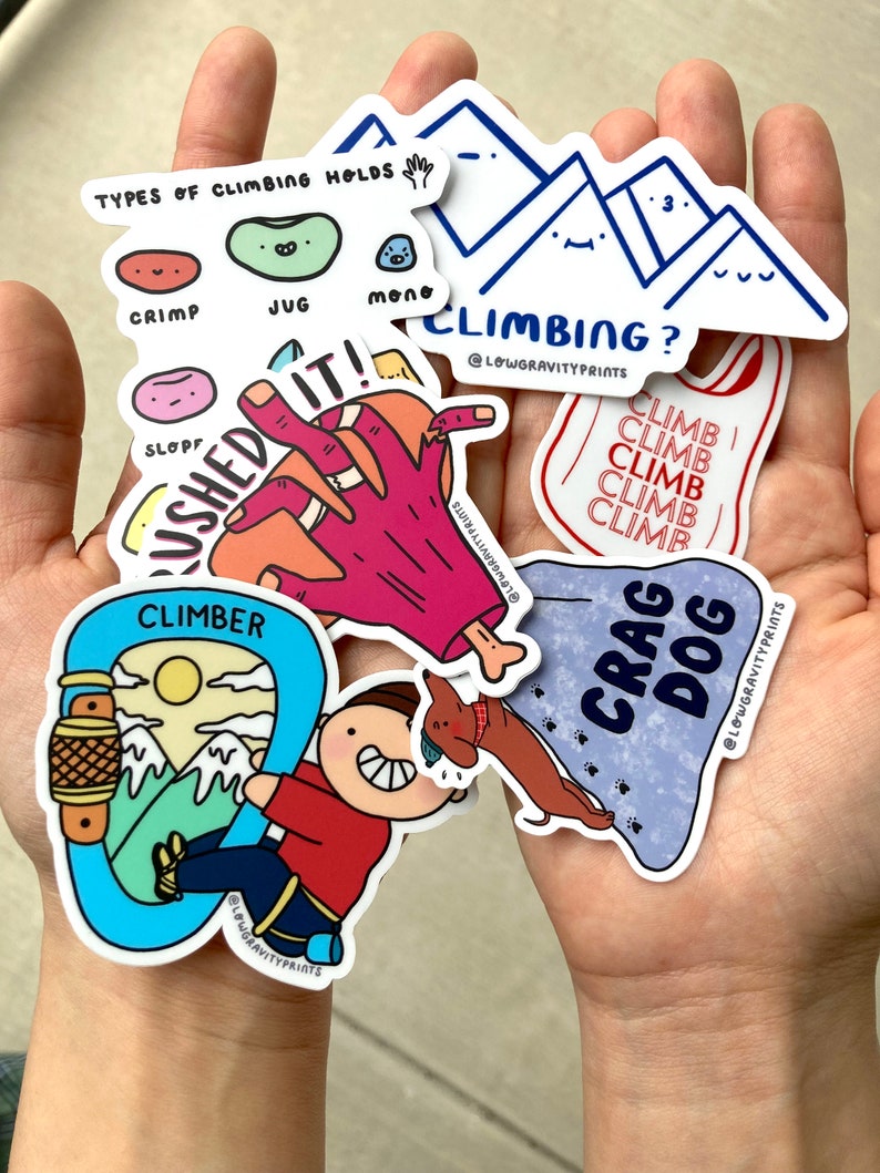 Climbing sticker pack,collection of climbingstickers,rei, outdoor lover, the great outdoors, tapedhands, carabiner, crag dog,crag,mountain climbing, on belay, belayon, climbing buddy, climbingpartner, dog rockclimb, bouldering, boulderers, crushed it