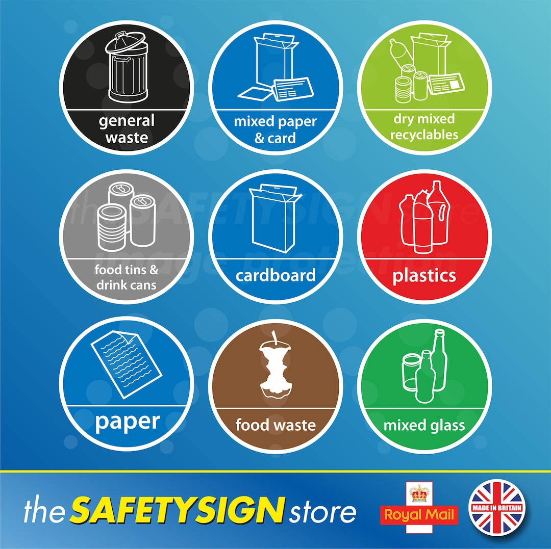 Recycling Stickers Bin General Waste Card Mixed Recyclables Glass Tin