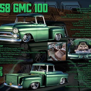 May include: A detailed image of a restored 1958 GMC 100 pickup truck. The truck is painted a vibrant green with custom wheels and tires. Interior details include mahogany leather seats and a Dakota digital gauge. The engine bay is also visible.