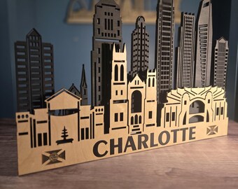 Cuadro de madera con el horizonte de Charlotte, decoración LED de paisaje urbano, arte mural moderno, regalo de inauguración de casa