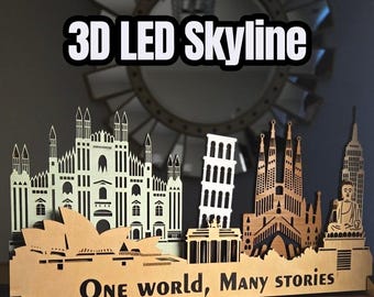Arte de horizonte urbano en madera 3D en capas: decoración de pared con paisaje urbano europeo e iluminación LED.