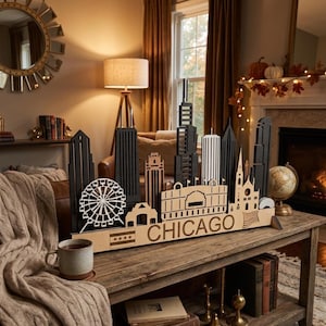 Chicago Wooden Skyline Art, Laser-Cut City Decor, LED Night Light Wall Art