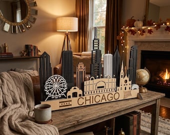 Cuadro decorativo de madera con el horizonte de Chicago, decoración urbana cortada con láser 3D, escultura con luz nocturna LED.
