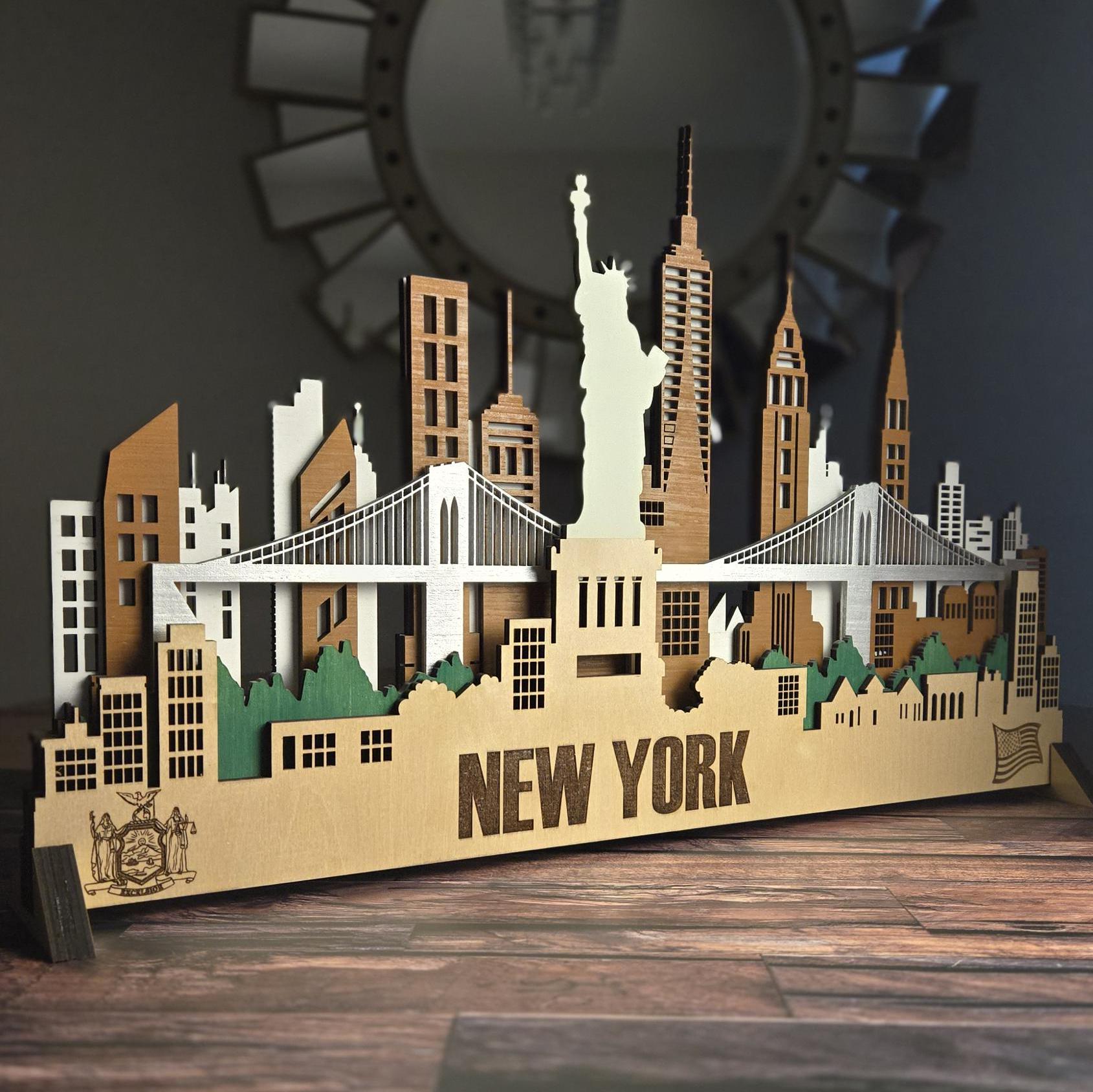 New York City Skyline 3D Layered Laser Cut Wooden Cityscape Wall Art (Birch wood) with LED Backlight and Remote Control for Wall or Desktops