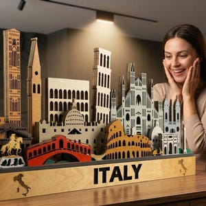 3D LED Italy Skyline Wood Wall Art – Layered Cityscape Home Decor Sign
