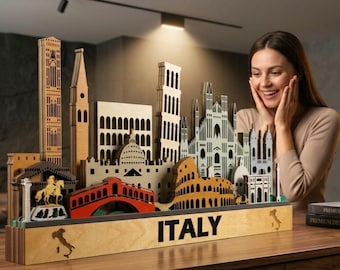 Arte mural de madera con diseño 3D LED del horizonte de Italia: Letrero decorativo con paisaje urbano en capas para el hogar