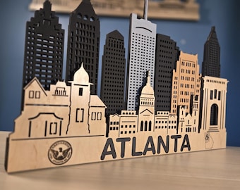 Cuadro decorativo de madera con el horizonte de Atlanta, decoración de paisaje urbano en capas de abedul, regalo arquitectónico moderno.