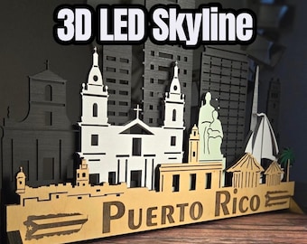 Letrero de pared con diseño de paisaje urbano de madera en capas con iluminación LED 3D de Puerto Rico