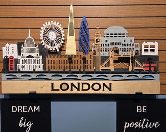 Cuadro decorativo de pared con el horizonte de Londres en madera laminada 3D – Decoración de pared con paisaje urbano cortada con láser (iluminación LED)