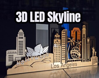 Arte de la silueta de Los Ángeles en madera laminada 3D – Decoración de pared con paisaje urbano cortado con láser