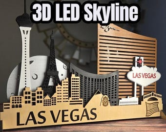 Horizonte de Las Vegas en 3D con LED – Decoración de pared con paisaje urbano en madera laminada