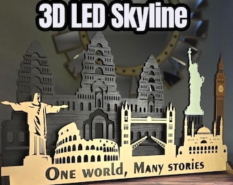 3D LED Skyline Wall Art – Layered Wood Cityscape Home Decor