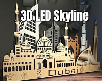 Arte mural de madera con el horizonte de Dubái, LED 3D: decoración urbana cortada a láser en capas