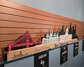 Cuadro decorativo de madera en capas 3D con el horizonte de San Francisco – Paisaje urbano cortado con láser (120 cm x 40 cm)