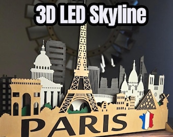 Arte de la silueta de París en madera laminada 3D, decoración de pared con paisaje urbano cortada con láser y torre Eiffel LED
