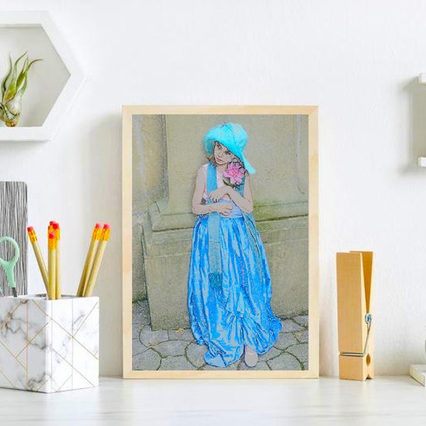 Rysunek malarstwo dziewczyna w niebieskiej sukience malarstwo PRINT  kobiecy obraz nowoczesny ścienny salon pokój ściany sztuka ręczna