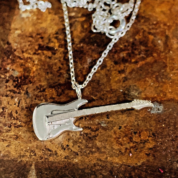 Silver 3D Electro Guitar Pendant and Necklace, Silver Gift for Musicians, Music Lovers