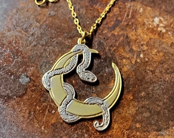 Silver Moon Necklace with Snake Details | Sterling Silver Moon and Snake Pendant and Necklace