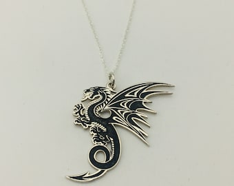 925 Sterling Silver Dragon Pendant and Necklace, Dragon Shaped Silver and Black Necklace