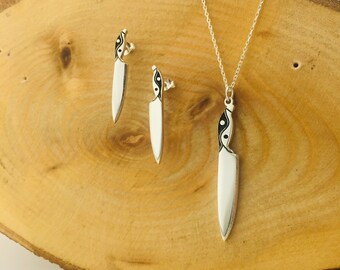 Sterling Silver Ying Yang Chef Knife Necklace and Earring Set, Personalized Gift for Chefs and Cooks, Custom Jewelry Set